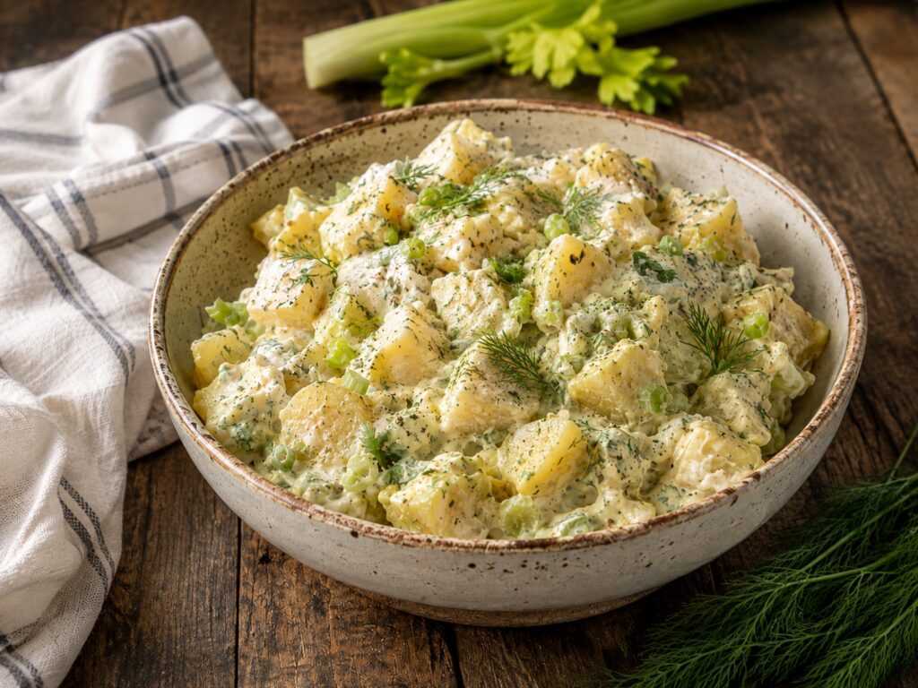 Creamy potato salad with dill and celery