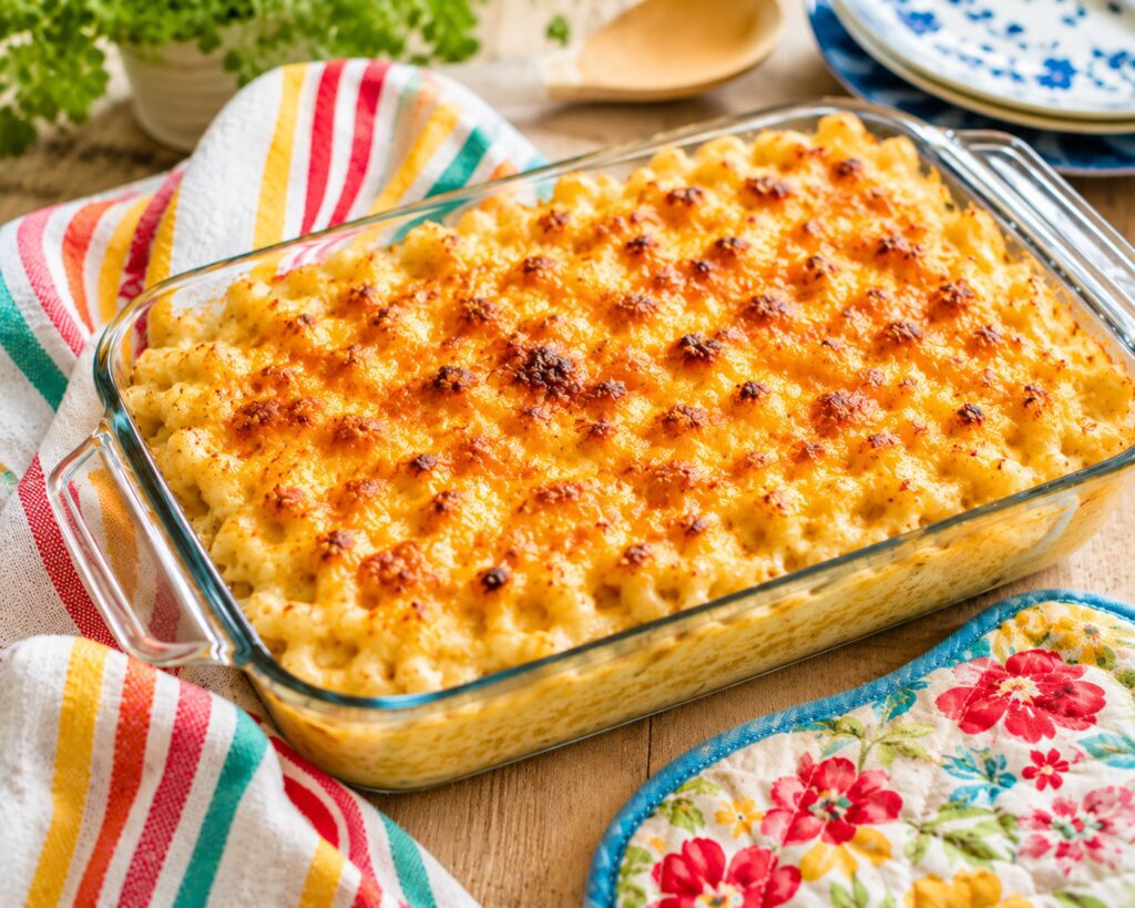 Baked macaroni and cheese in glass casserole dish
